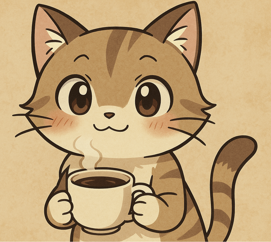 anime-style cat holding a cup of coffee