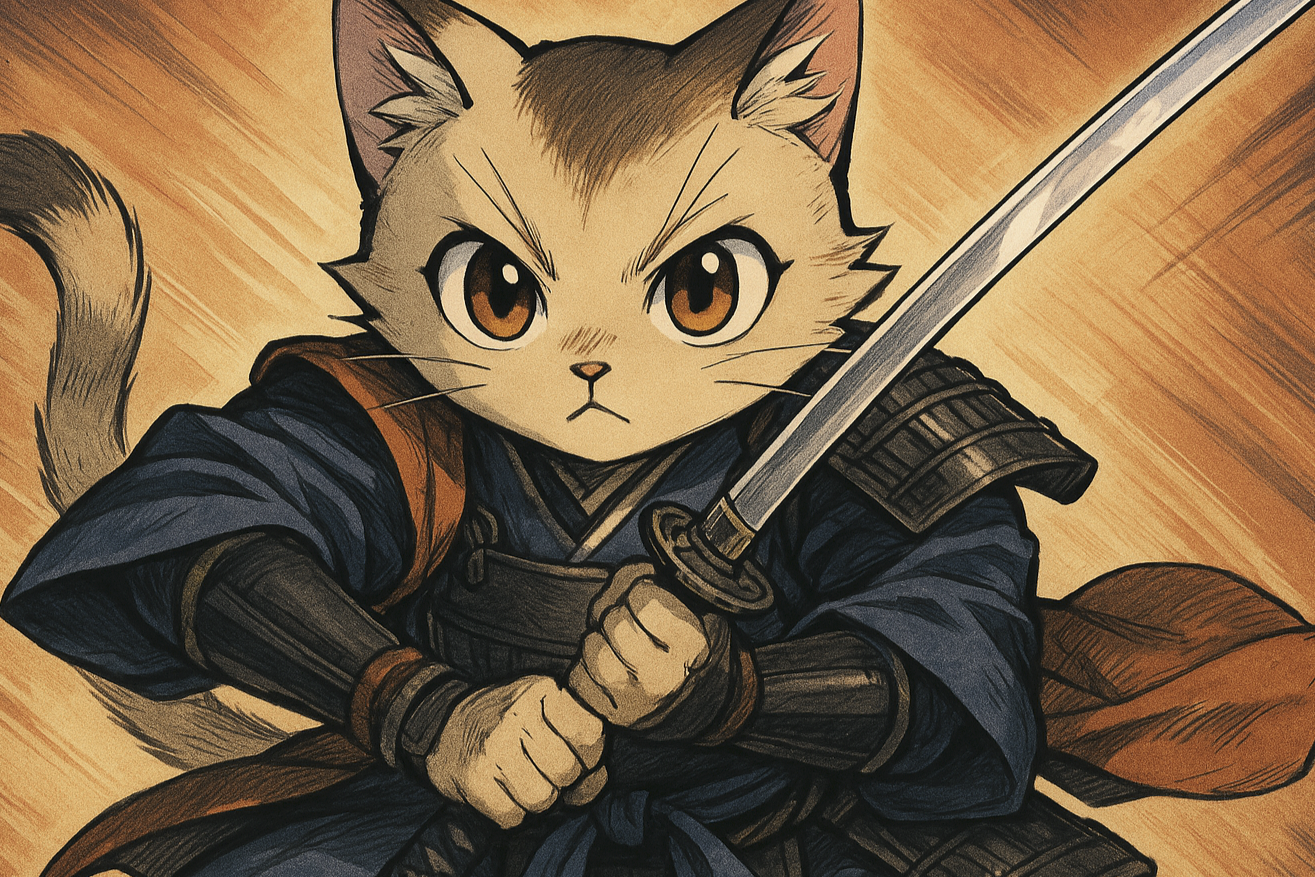 Anime-style cat using a samurai sword